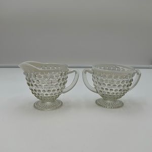Fenton Glass  Moonstone Creamer & Open Sugar Set Opalescent Hobnail